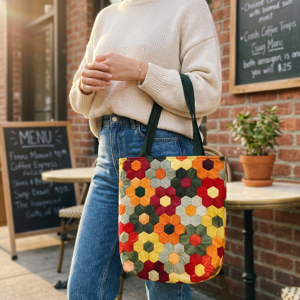 HONEYCOMB QUILTED TOTE BAG - Handmade Hexagon Patchwork